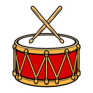Pode incluir: Um tambor vermelho com uma superfície superior branca e bordas douradas, apresentando um padrão em ziguezague de hastes de tensão douradas nas laterais. Duas baquetas de madeira castanho-claro estão posicionadas em X sobre a pele.