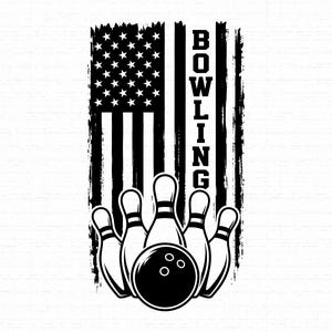 May include: A black and white graphic design featuring a bowling ball and five pins arranged in front of a distressed American flag. The word BOWLING is printed vertically in a bold, sans-serif font along the right side of the flag stripes.