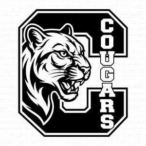 Pode incluir: Um design gráfico em preto e branco com uma cabeça de puma estilizada virada para a direita, posicionada à frente de uma letra C grande. A palavra COUGARS está escrita verticalmente em letras maiúsculas brancas no lado direito da letra C.