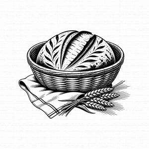 Può includere: Un'illustrazione a tratto in bianco e nero di una pagnotta rotonda di pane a lievitazione naturale incisa, posta all'interno di un cesto di vimini intrecciato. Un tovagliolo di stoffa piegato si trova sotto il cesto, con spighe di grano.
