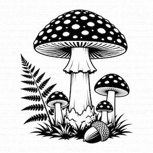 Mushroom Forest SVG, Amanita Mushroom Graphic, Woodland Nature Art, Toadstool Design, Mycology Hobby SVG, Wild Mushroom SVG, Instant Downloa