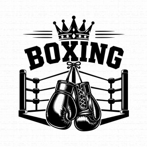 May include: A black and white graphic illustration featuring a pair of tied boxing gloves hanging in front of a boxing ring. Above the gloves, a crown is positioned, and the word BOXING is printed in bold, capitalized, sans-serif lettering.