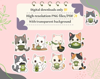 Kawaii Matcha Cat-klistermärken, digitala och utskrivbara PNG-clipart för GoodNotes och DIY-pyssel