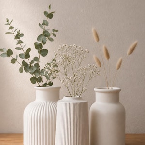 Könnte beinhalten: Drei weiße Keramikvasen mit unterschiedlichen Formen und Texturen. Die linke Vase ist bauchig mit vertikalen Rillen, die mittlere Vase ist zylindrisch mit feinen vertikalen Linien und die rechte Vase ist glatt und abgerundet. Alle enthalten Trockenblumen.