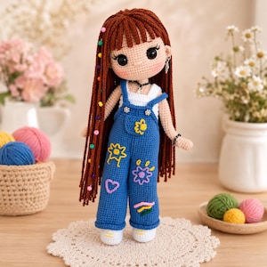 Doll Crochet Pattern PDF - Amigurumi Girl with Hair Beads and Patch Overalls, Instant Download