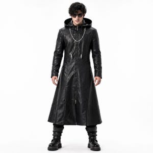 May include: A black leather long coat featuring a hood, a full-length front zipper, and a silver-toned chain detail draped across the chest. The coat has long sleeves and a flared hemline, extending down to the mid-calf area of the lower legs.