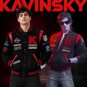 May include: A black varsity jacket with red leather sleeves and striped ribbed trim. The jacket features a large red letter K on the chest, multiple embroidered patches including the text KAVINSKY, RENEGADE, ZOMBIE, and OUTSIDER, and snap button closures.