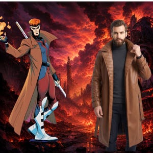 May include: A long brown leather trench coat with a wide collar, long sleeves, and a belted waist, worn over a dark gray turtleneck sweater and dark trousers, presented alongside a comic book illustration of a character in a similar brown coat.
