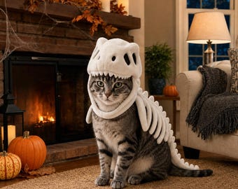 May include: A grey tabby cat wearing a white plush dinosaur skeleton costume that covers the head and extends down the back with a series of soft, rounded bone-like protrusions along the spine and a hood shaped like a dinosaur skull.