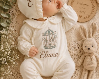 Personalized Carousel Baby Outfit, Custom Name Newborn Girl Coming Home Set