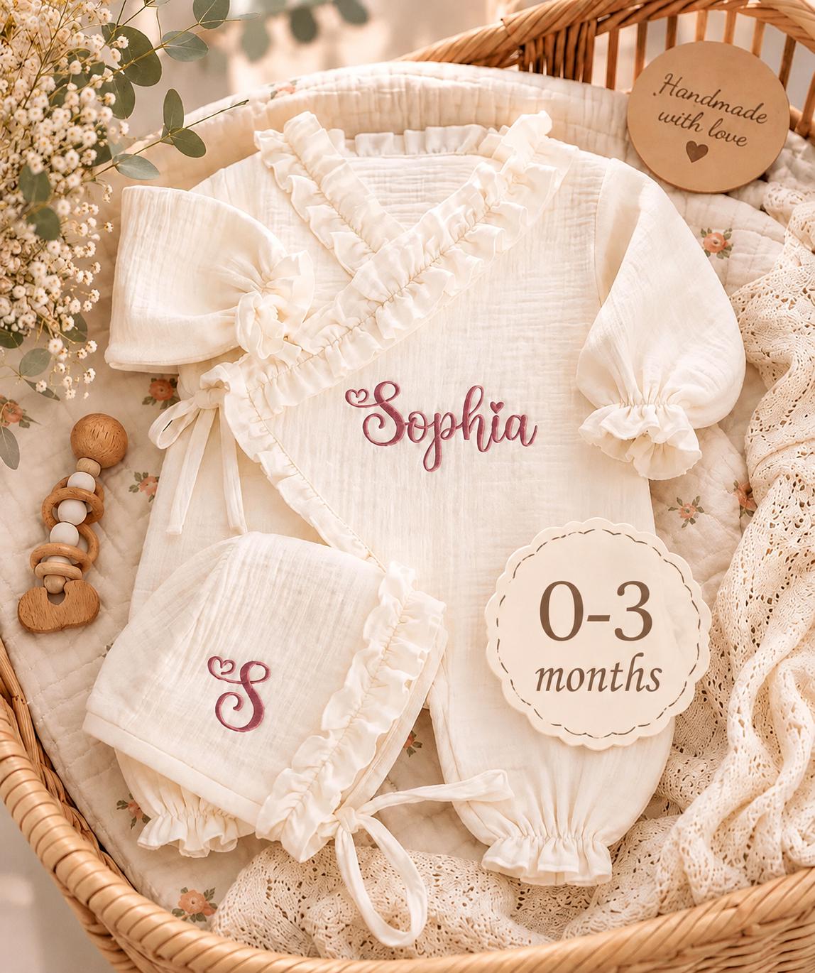 Personalized Embroidered Muslin Romper Set, Custom Baby Name Jumpsuit, Cotton Infant Clothes, Personalized Bonnet