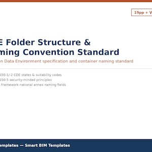 May include: A white document cover titled CDE Folder Structure & Naming Convention Standard with a brown box in the top right corner reading 19pp + Validator. It lists ISO 19650-1/-2, ISO 19650-5, and UK BIM Framework standards. SolverTemplates is at the bottom.