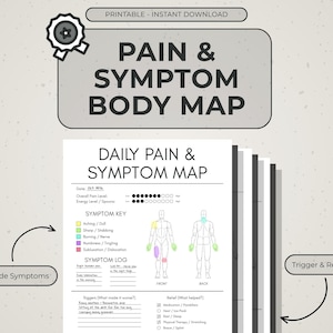Puede incluir: Un rastreador diario imprimible de dolor y síntomas corporales que incluye una clave con categorías codificadas por colores, un diagrama del cuerpo humano con vistas frontal y posterior, un registro de síntomas y secciones de seguimiento.