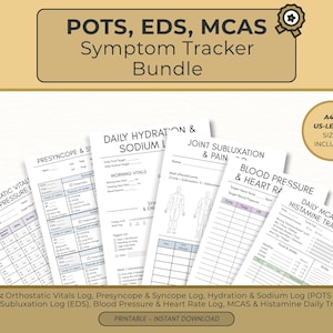 May include: A digital symptom tracker bundle for POTS, EDS, and MCAS featuring multiple printable log sheets. Includes trackers for orthostatic vitals, presyncope, syncope, daily hydration, sodium, joint subluxation, pain, blood pressure, heart rate, and histamine.