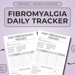 Op de afbeelding: Een printbare dagelijkse fibromyalgie-tracker met secties voor datum, weer, pijnniveaus, vermoeidheid, hersenmist en slaapkwaliteit, inclusief een tabel voor het bijhouden van pijnlocaties, symptomen, triggers, activiteiten en verlichtingsmethoden.