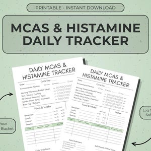 May include: A printable daily MCAS and histamine tracker document featuring sections for date, cycle day, environmental factors, symptom levels, food intake, triggers, and daily stabilizers. The layout includes text labels and checkboxes.