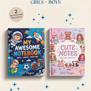 Peut inclure: Un lot de deux carnets d'écriture pour enfants de 100 pages chacun. Le carnet bleu présente des graphismes sur le thème de l'espace avec le texte MY AWESOME NOTEBOOK WRITE CREATE HAVE FUN. Le carnet rose illustre des animaux et princesses avec le texte CUTE NOTES My Cute Notebook.