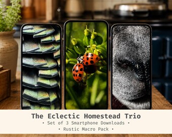 Eclectic Homestead Trio Smartphone Wallpaper, Rustic Macro Textures (Set of 3)