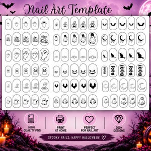 Op de afbeelding: Een wit rechthoekig sjabloonblad voor nail art met rijen zwarte lijntekeningen van geesten, pompoenen, vleermuizen, manen, katten en het woord BOO, geplaatst tegen een paarse achtergrond met een Halloween-thema en pompoenen.