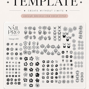 Könnte beinhalten: Ein digitales Nailart-Vorlagenblatt mit dem Text NAIL ART TEMPLATE, CREATE WITHOUT LIMITS und UNIQUE DESIGNS FOR EVERY STYLE. Das Blatt zeigt zahlreiche schwarze Blumen- und Schmetterlingssymbole mit der Beschriftung NAIL PRO UNIVERSE Design #10.