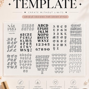 May include: A rectangular clear nail art stamping plate featuring various alphabet and number fonts, including script, block, and heart-shaped styles. The text reads NAIL ART TEMPLATE, CREATE WITHOUT LIMITS, UNIQUE DESIGNS FOR EVERY STYLE, and NAIL PRO.