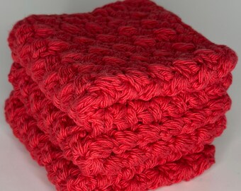 Dishcloths ~ Cotton Handmade Crochet ~ RED ~ Set of 3
