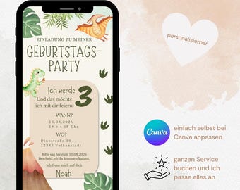Convite de Aniversário Digital com Tema de Dinossauro - Convite Personalizável para Festa de Dinossauro - Modelo Canva - Envie pelo Celular/WhatsApp