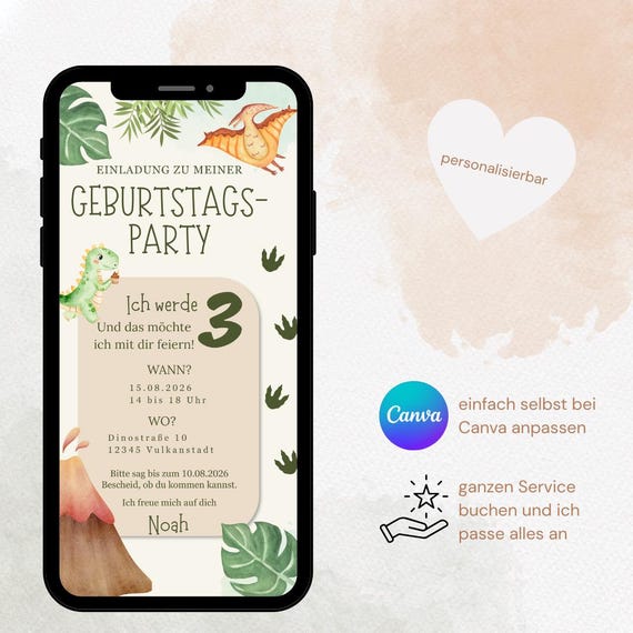 Digitale Einladung Dino Geburtstag - Dino Party Einladung personalisierbar - Canva Vorlage - Versand Handy WhatsApp
