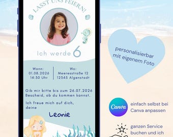 Invitación digital de cumpleaños de sirena con foto - Invitación personalizada para fiesta de sirenas - Plantilla de Canva - Enviar por móvil/WhatsApp