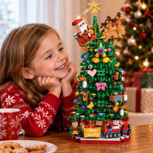 Puede incluir: Un set de árbol de Navidad construible con bloques de plástico que incluye un árbol verde coronado por una estrella dorada, un Santa Claus en un trineo tirado por dos renos, adornos coloridos, un pequeño tren en la base y un letrero Merry Christmas.