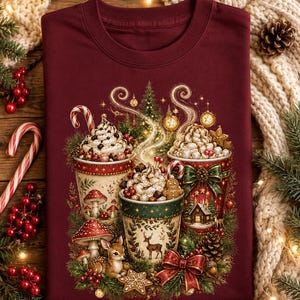Rosa weihnachtliche Kakaotassen mit Blumenmuster (PNG), Vintage-Rosen-Patchwork-Steppmuster (Digitaler Download)