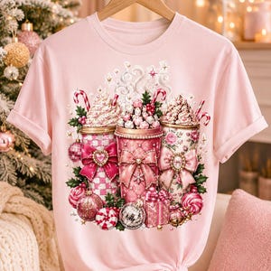 Tazas de cacao navideñas Pastel Coquette PNG, diseño de sublimación de lazo patchwork, diseño de camisa rosa menta lavanda perlada, Navidad PNG