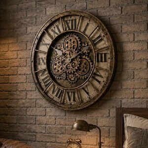 Reloj de pared con engranajes móviles de 46 cm, reloj industrial steampunk, reloj de pared silencioso de cuarzo con números romanos, decoración retro vintage para sala de estar.