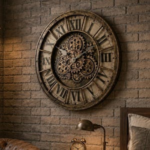 Moving Gears Wall Clock 46cm, Industrial Steampunk Clock, Silent Quartz Roman Numeral Wall Clock, Retro Vintage Living Room Decor
