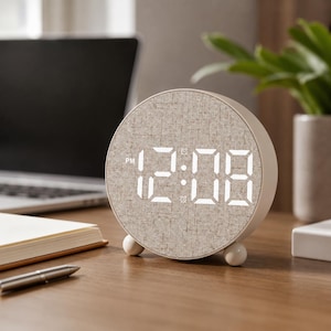 May include: A round digital alarm clock with a beige fabric-textured face and a white frame. The clock features a bright white LED display showing the time 12:08 PM, two small alarm icons, and rests on two small, round, white ball-shaped feet.