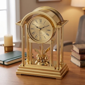 Vintage Gold Desk Clock, Antique Style Table Clock with Roman Numerals, Retro Mantel Shelf Clock, Battery Operated Home Office Decor