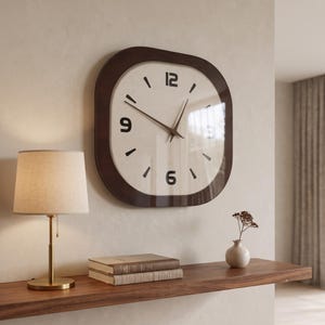 Grande orologio da parete quadrato, stile retrò francese di metà secolo, silenzioso, con quadrante color crema effetto legno, ideale per arredare cucina e soggiorno in stile minimalista.