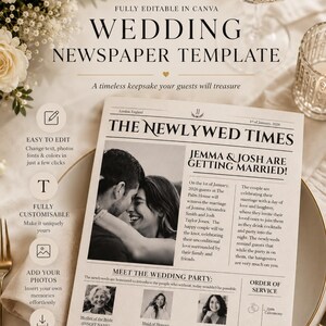 Plantilla digital para periódico de bodas de lujo en Canva (descarga gratuita)