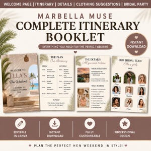 Marbella Muse Hen Weekend Booklet | Luxury Editable Canva Itinerary (Digital Download)