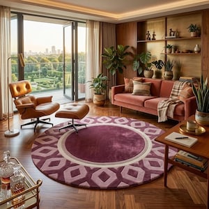 Hand-Tufted Round Area Rug | Deep Plum & Lilac Geometric Pattern | Mid-Century Modern Circular Carpet for Living Room, Bedroom  Entryway