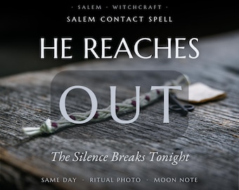 May include: A braided light green cord with small dark red accents, accompanied by a dark metal key. The text reads: SALEM WITCHCRAFT, SALEM CONTACT SPELL, HE REACHES OUT, The Silence Breaks Tonight, SAME DAY, RITUAL PHOTO, MOON NOTE.