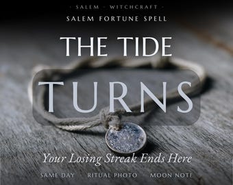 May include: A beige cord bracelet featuring a small, circular, textured metallic charm. The image includes the text: SALEM WITCHCRAFT, SALEM FORTUNE SPELL, THE TIDE TURNS, Your Losing Streak Ends Here, SAME DAY, RITUAL PHOTO, MOON NOTE.
