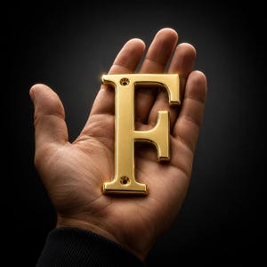 May include: A polished gold-tone metal letter F with a smooth, reflective surface. The letter features two small circular screw holes, one at the top and one at the bottom, designed for mounting. The finish is bright and metallic with clean edges.