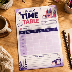 Personal Study Timetable Printable | Weekly Student Planner PDF | School Study Schedule