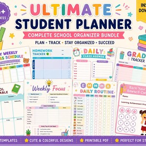 May include: A digital bundle of 15+ student planner templates featuring colorful graphics, including a weekly class schedule, homework tracker, daily class agenda, grade tracker, school timetable, weekly focus, daily routine, and a reward card.