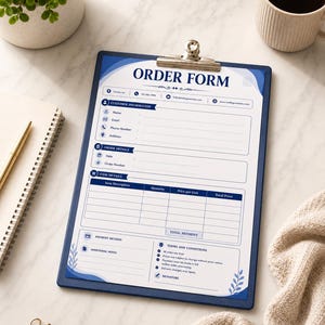 May include: A blue clipboard holding a printed order form with sections for customer information, order details, item descriptions, payment methods, and terms and conditions. The form features blue headers and decorative leaf accents at the bottom.