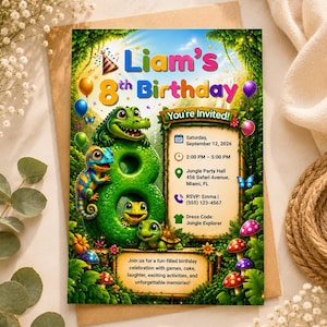 Op de afbeelding: Een rechthoekige verjaardagsuitnodigingskaart met een jungle-thema, een grote groene acht, een krokodil, een kameleon en een schildpad. De tekst luidt Liam's 8th Birthday, You're Invited, Saturday, September 12, 2026, 2:00 PM - 5:00 PM, Jungle Party Hall, 456 Safari Avenue, Miami, FL, RSVP: Emma | (555) 123-4567, Dress Code: Jungle Explorer, en Join us for a fun-filled birthday celebration with games, cake, laughter, exciting activities, and unforgettable memories!