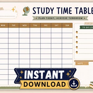 Study Time Table Printable Planner | Weekly Study Schedule Template PDF