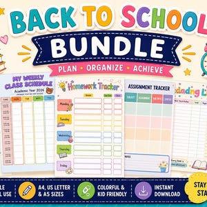 May include: A digital back to school bundle featuring six colorful templates including a daily schedule, weekly class schedule, homework tracker, assignment tracker, reading log, and test and exam schedule with playful icons and text.