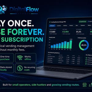 以下が含まれることがあります： Vending Business Manager PROのダッシュボードと財務データが表示されたノートパソコン。テキストには「PAY ONCE. USE FOREVER. NO SUBSCRIPTION」と記載されています。月額料金不要の自動販売機管理ツールで、一括購入、オフライン動作、ローカルデータ保存、継続費用なしといった特徴があります。